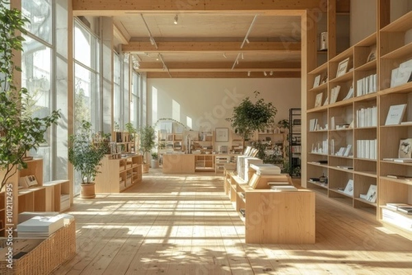 Fototapeta Wooden open space office interior with bookcase, Generative AI