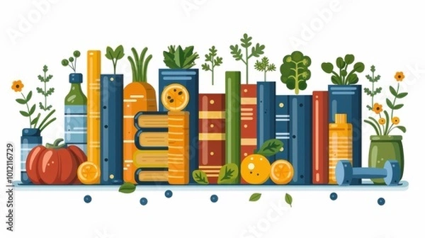Obraz Colorful shelf filled with books and fresh produce in spring