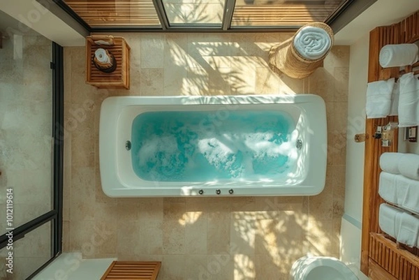 Fototapeta Top view of hotel bathroom interior with bathtub and toilet, panoramic window, Generative AI
