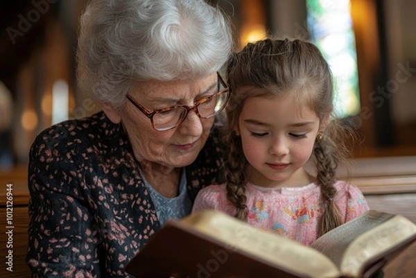 Obraz Grandmother reading Bible to her granddaughter while they sitting on bench in church, Generative AI
