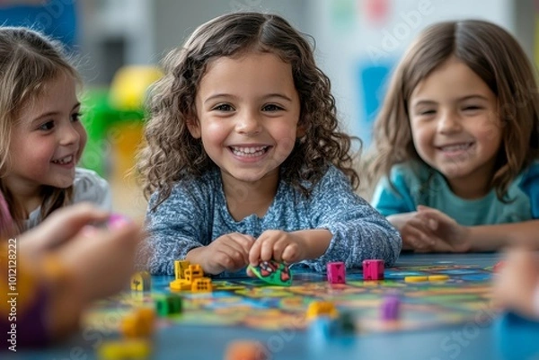 Fototapeta Multiethnic group of little children playing board game together in preschool and moving game pieces, copy space, Generative AI