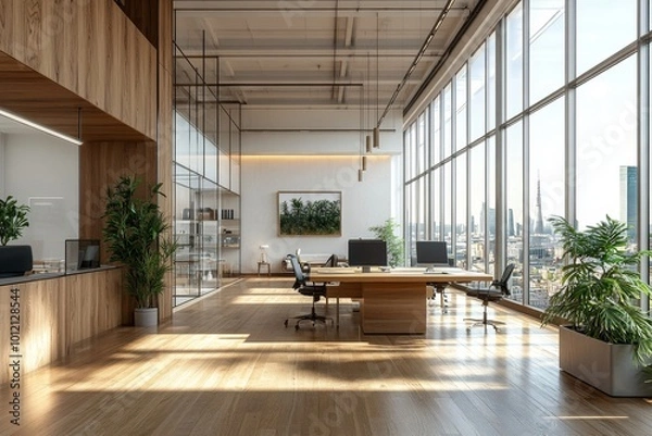 Fototapeta Modern open-plan office space with wood and glass elements, bright lighting, cityscape background, concept of contemporary workspace. 3D Rendering, Generative AI
