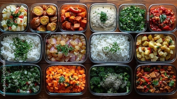 Obraz Colorful array of healthy meal prep dishes on a table