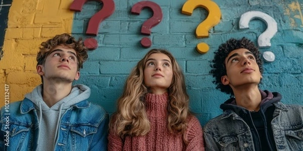 Fototapeta Pensive young people looking up at doodle question marks, brainstorm, Generative AI