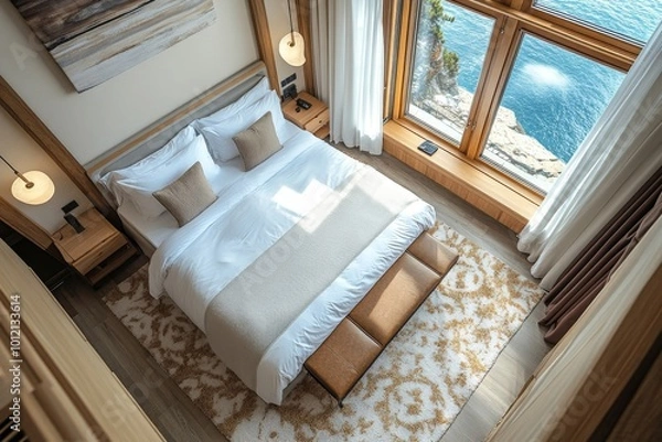 Fototapeta Top view of hotel bedroom interior with bed and bench, panoramic window, Generative AI