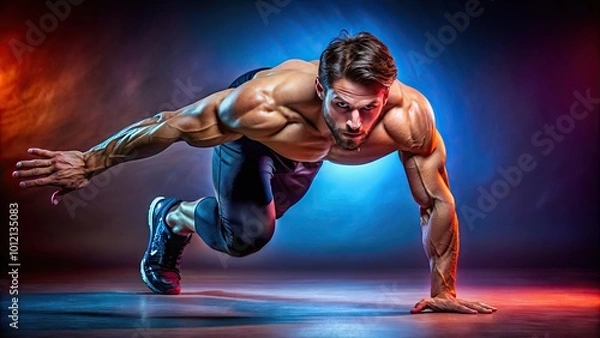 Fototapeta Dynamic Athletic Pose in a Studio Setting Showcasing Strength and Flexibility of the Human Body