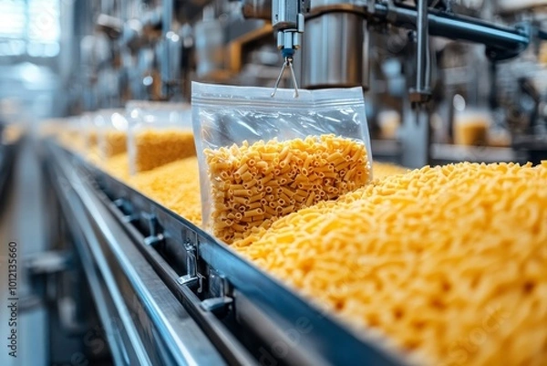 Obraz Close up of production process at modern food factory, focus on macaroni bag ready for packaging sliding down assembly line, copy space, Generative AI