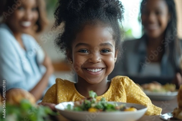 Obraz Portrait of African-American family enjoying dinner together in minimal home interior, focus on grandmother serving food to cute little girl, copy, Generative AI