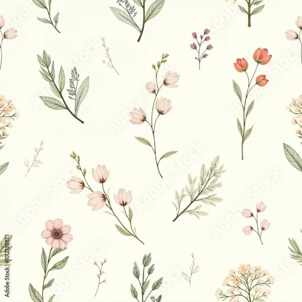 Fototapeta Soft floral pattern featuring various delicate flowers and leaves on a light cream background