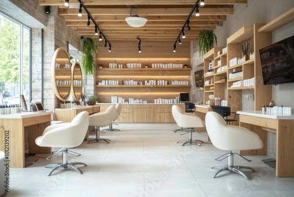 Fototapeta Interior of modern nail salon, empty manicure workplace with nail tech stations, copy space, Generative AI