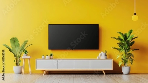Fototapeta Contemporary Living Room with Television on Modern Cabinet and Green Plant in Stylish Interior