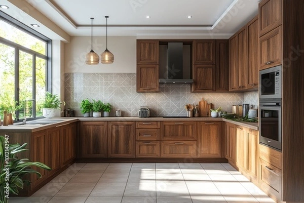 Fototapeta Modern kitchen interior with wooden cabinets and black countertop, open shelving, and silver fridge in a light background. 3D rendering, Generative AI