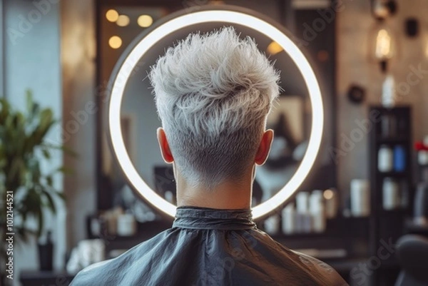 Obraz Back view of young man with bleached hair facing ring light in beauty salon and taking photos, Generative AI