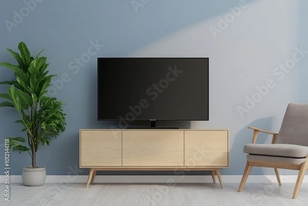 Fototapeta Modern Living Room Interior with Stylish Chair, TV Display on Cabinet, and Decorative Elements