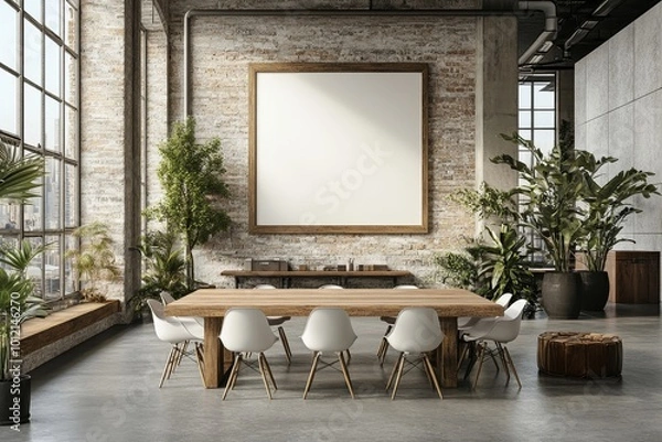 Fototapeta Open office space with large wooden tables, white chairs and blank poster frame, modern design, cityscape background, corporate concept. 3D rendering, Generative AI