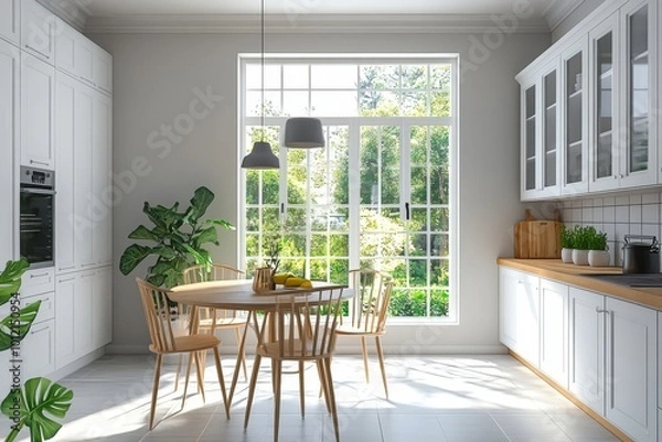 Fototapeta Home kitchen interior with dining table, cabinet and window. Mock up wall, Generative AI