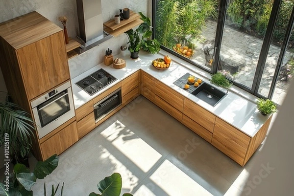 Fototapeta Top view of modern kitchen interior cooking corner and panoramic window, Generative AI
