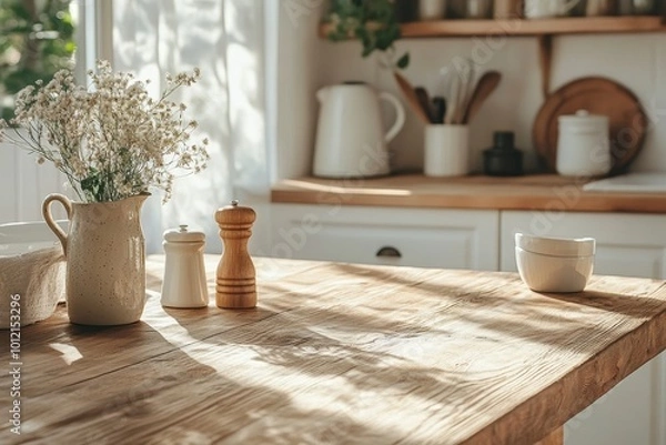 Fototapeta Elegant home kitchen interior with dining table and cooking space, closeup, Generative AI