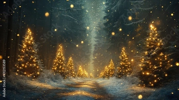 Fototapeta Magical forest with Christmas trees and glowing lights. AI Generated