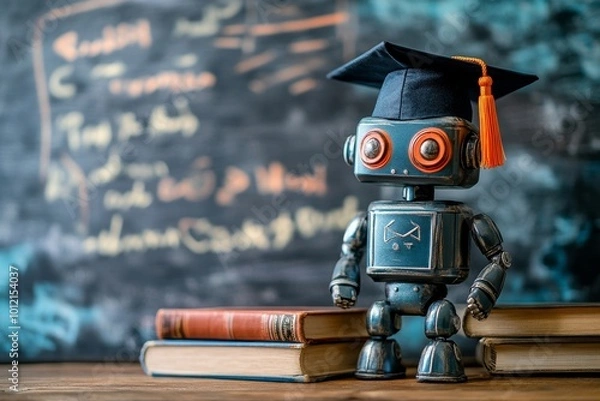 Fototapeta AI robot near chalkboard with graduation cap and books, training concept, Generative AI