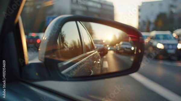 Obraz Checking blind spots while driving on a busy street during sunset