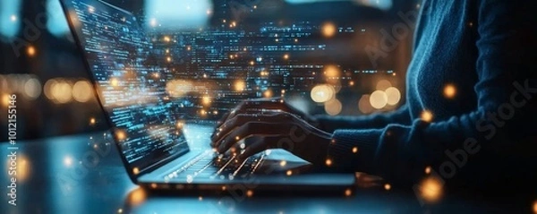 Fototapeta Man using laptop, AI document management system hologram hud, Generative AI