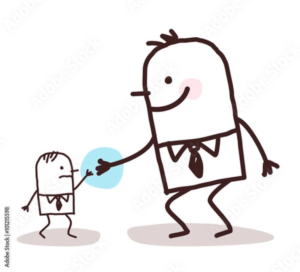 Obraz cartoon big businessman giving a hand to a small one