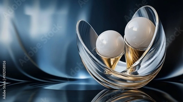 Fototapeta 3D rendering of glossy black and gold spheres, and glass spheres with white and gold swirls in an elegant vase, set against a dark blue background with reflective lighting and luxurious finish.