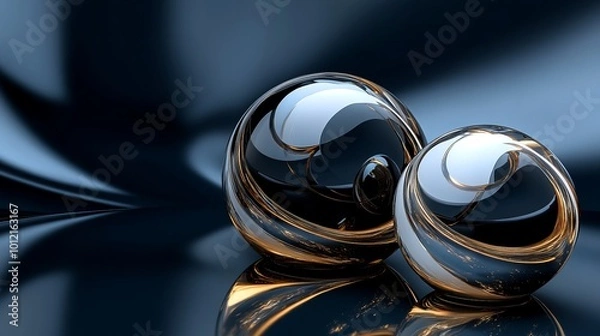 Fototapeta 3D rendering of glossy black and gold spheres, and glass spheres with white and gold swirls in an elegant vase, set against a dark blue background with reflective lighting and luxurious finish.