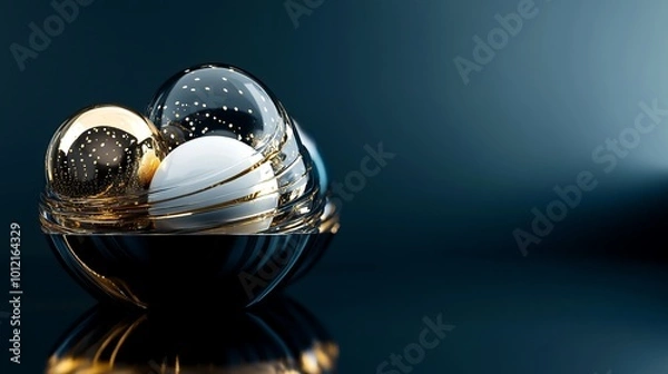 Fototapeta 3D rendering of glossy black and gold spheres, and glass spheres with white and gold swirls in an elegant vase, set against a dark blue background with reflective lighting and luxurious finish.