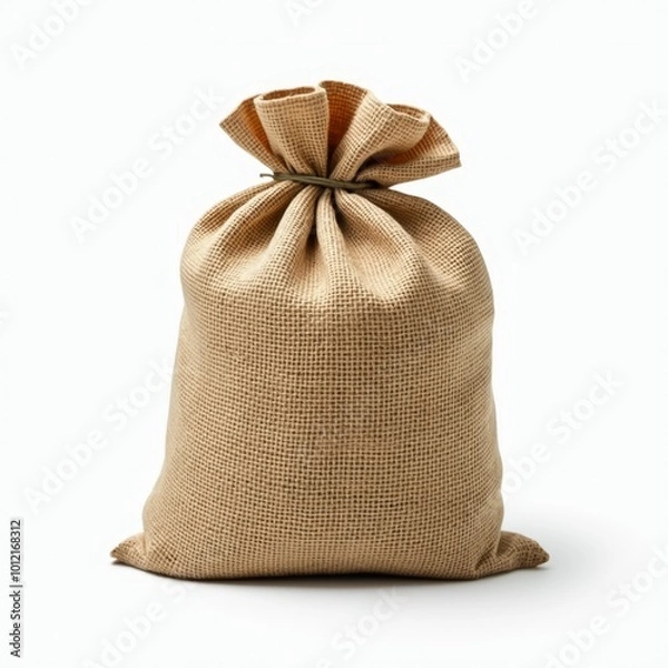 Fototapeta Full burlap sack tied with rough twine sitting on white background
