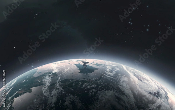 Obraz 3D illustration of Earth planet and satellites at orbit. High quality digital space sci-fi art in 5K - realistic visualization