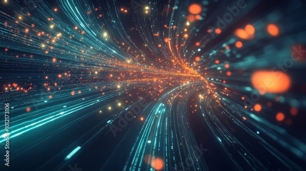 Obraz A stunning illustration of luminous data trails in motion, with explosive patterns and a sense of hyper-speed travel, on a dark background