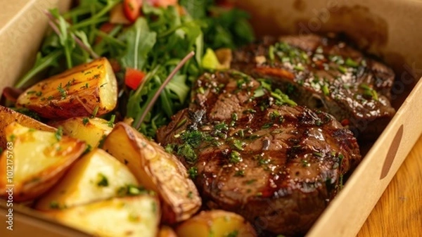 Obraz Grilled Steak with Roasted Potatoes and Salad in Takeaway Box