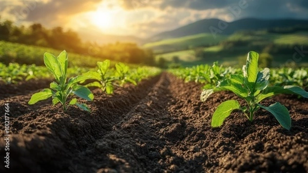 Fototapeta Young green plants growing in a field at sunset with mountains in the background.