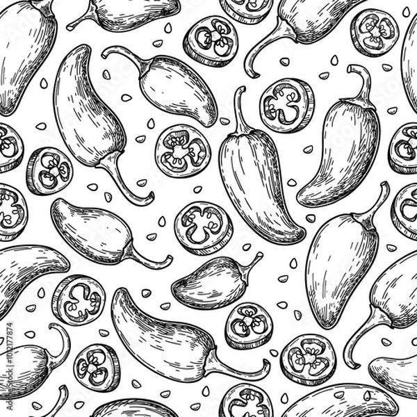 Fototapeta Jalapeno pepper seamless pattern drawing. Hand drawn food background.