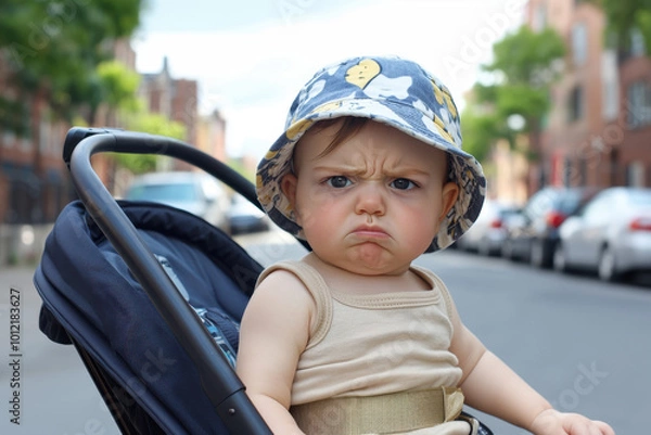Fototapeta An angry baby sitting in a stroller, wearing a sunhat and a sleeveless top. 