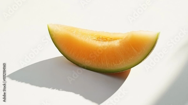 Fototapeta A slice of melon on a clean white background, casting a gentle shadow.