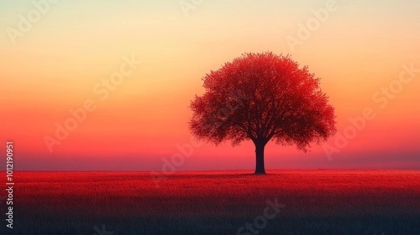 Fototapeta A lone tree stands tall in a field at sunset, with the sky ablaze with vibrant colors.