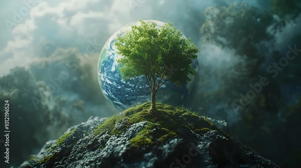 Obraz Green Tree Growing on Earth Illustration
