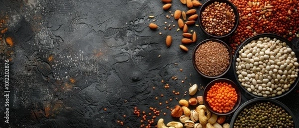 Obraz Variety of nuts and spices arranged on a textured surface