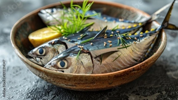 Obraz Fresh mackerel garnished with herbs and lemon in a bowl
