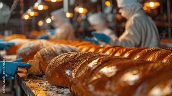 Obraz Bakers preparing fresh bread loaves in a bakery at night