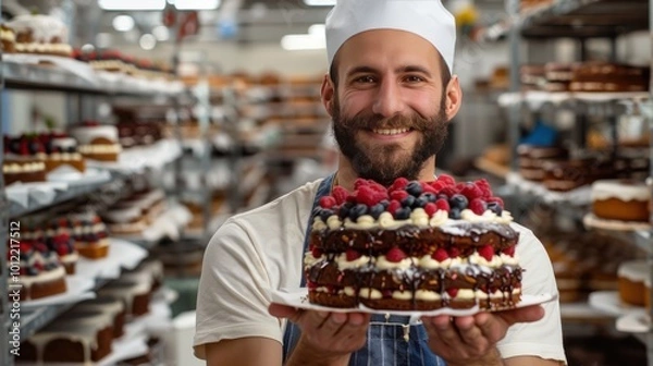 Obraz Baker proudly presents a decorated cake in a bustling bakery