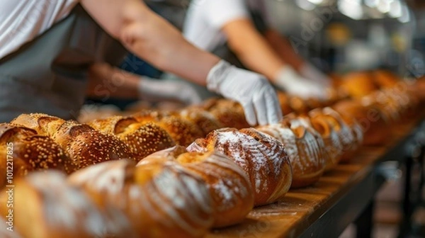 Obraz Bakers preparing fresh loaves in a busy bakery kitchen
