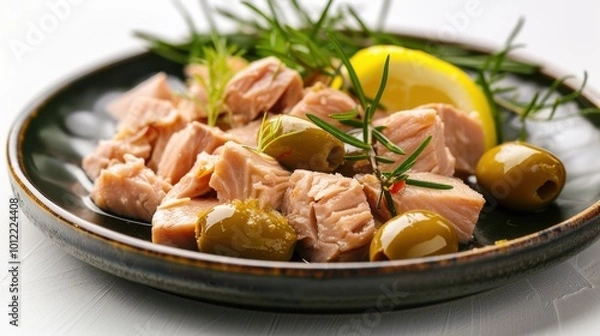 Obraz Deliciously seasoned salmon with olives and lemon wedges