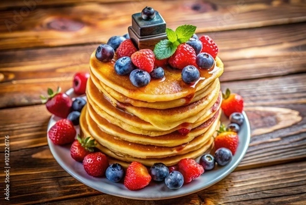 Fototapeta Fluffy golden pancakes stacked high with maple syrup and fresh berries on a rustic wooden table