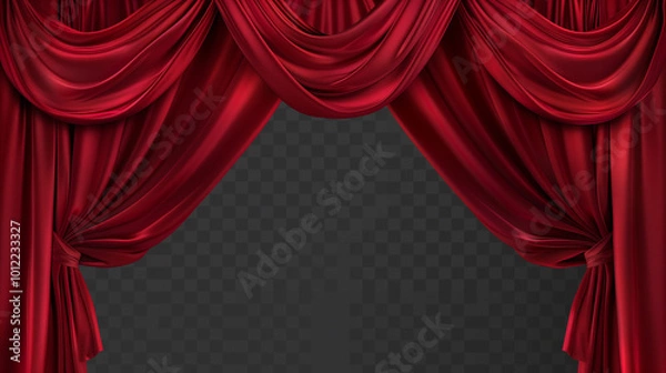 Fototapeta Deep red velvet theater curtains on a transparent backdrop.
