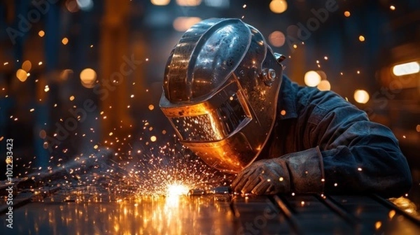 Fototapeta A welder wearing a protective mask and gloves works on a metal object, sparks fly from the welding torch.
