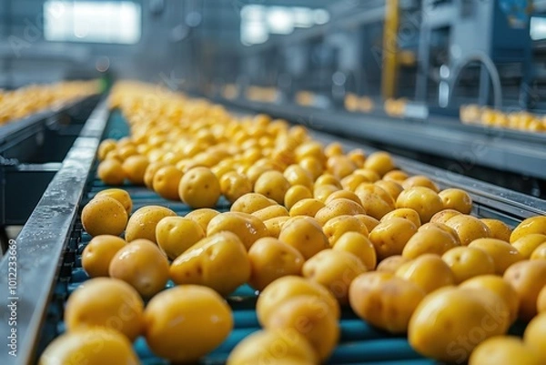 Obraz Yellow lemons being sorted on a conveyor belt in a factory